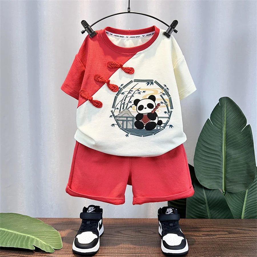 Повседневная детская одежда в китайском стиле от 0 до 5 лет, Комплекты одежды для маленьких мальчиков, Футболки с короткими рукавами, Топы + Шорты