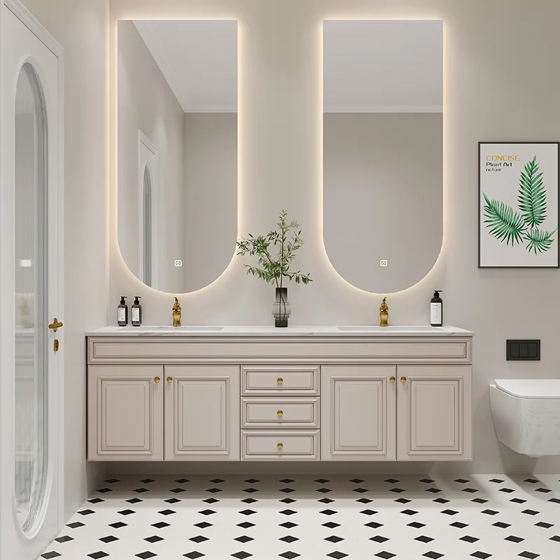 Индивидуальная легкая роскошная каменная панель во французском стиле встроенный бесшовный умывальник шкаф для ванной комнаты комбинированный кремовый стиль ванной комнаты