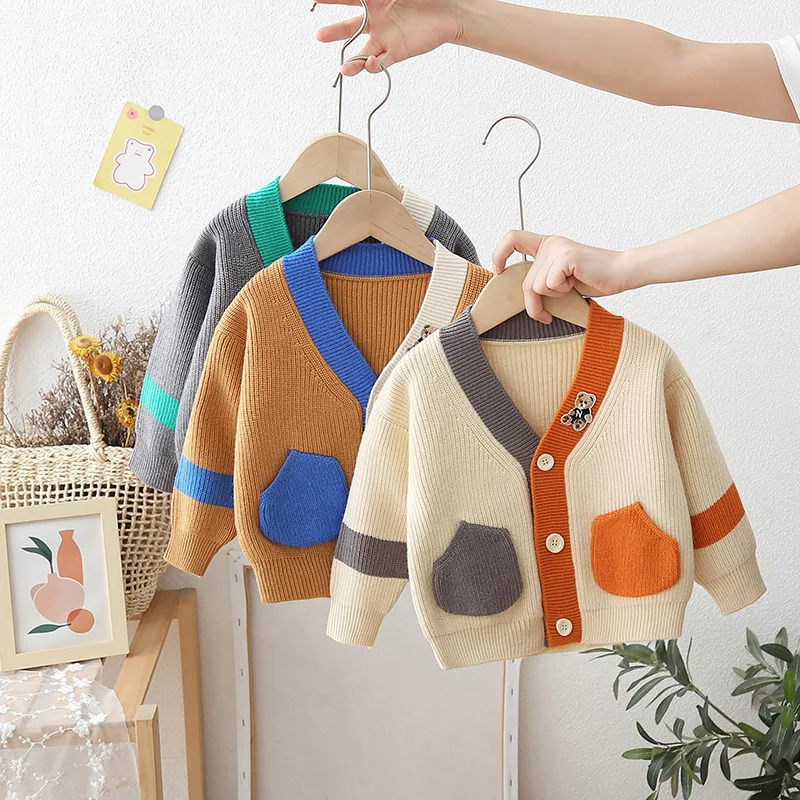 Осенняя одежда, свитер для мальчиков и девочек, детский кардиган с V-образным вырезом для девочек, вязаный свитер в стиле пэчворк для мальчиков и девочек