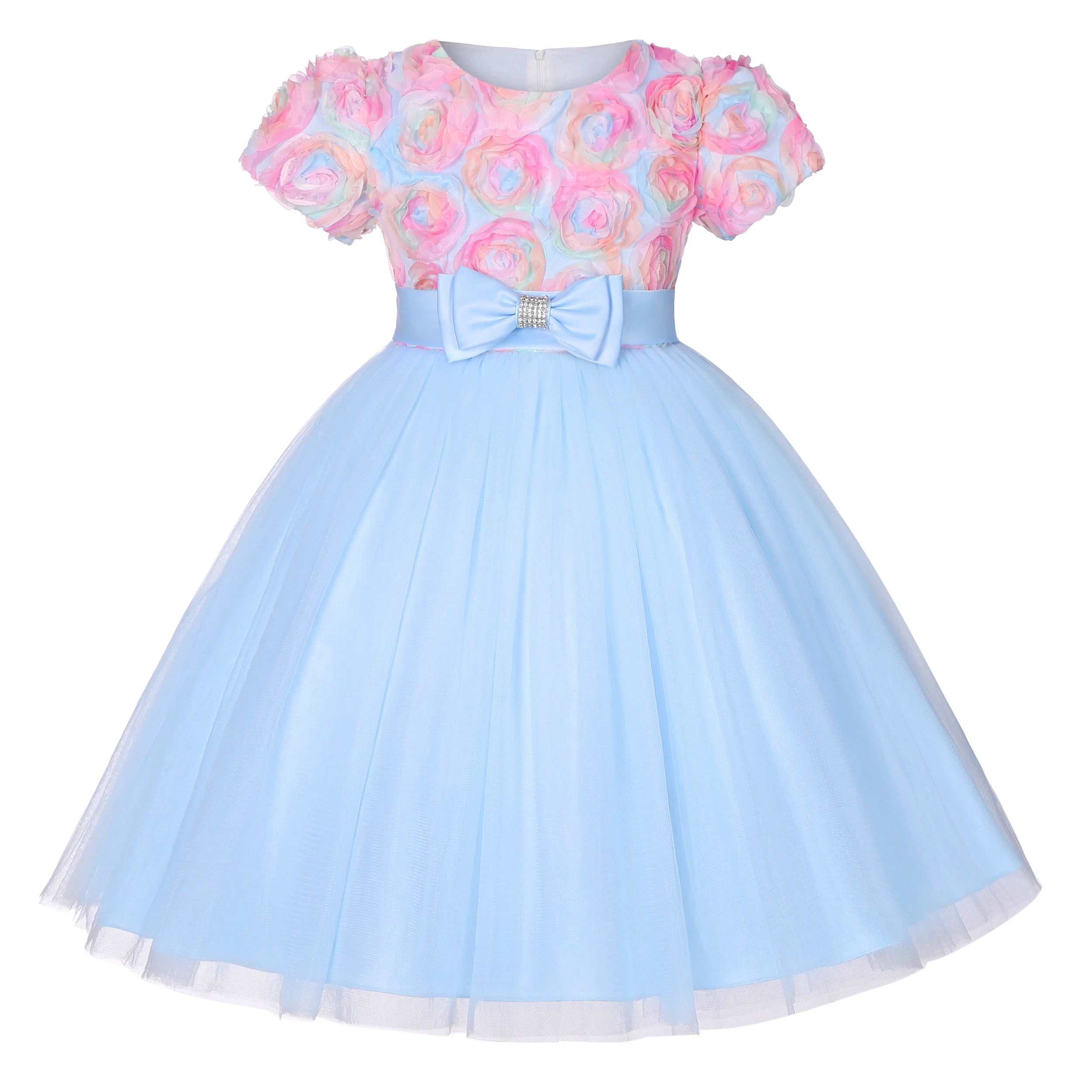 Новое детское сетчатое платье с помпоном в цветочек, танцевальное платье с бантом для маленькой девочки на день рождения