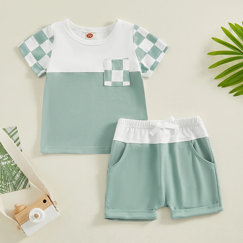 Одежда для маленьких мальчиков, Хлопчатобумажная одежда из 2 предметов, футболка в стиле пэчворк с коротким рукавом и эластичные шорты, комплект летней детской одежды