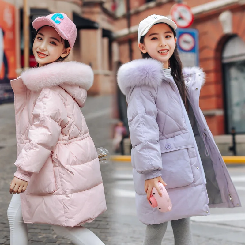 Пуховое пальто для девочек, хлопковая ветровка 2023, Плюшевая теплая плюс утолщенная зимняя лыжная одежда, детская одежда при десяти градусах мороза