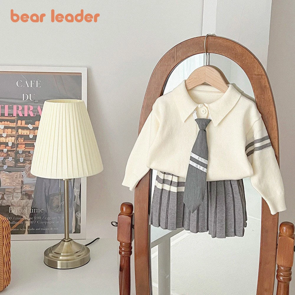 Комплект свитеров для девочек Bear Leader / Коллекция 2023 года, Осенне-Зимнее Новое детское Поло, Вязаный топ с длинными рукавами + Плиссированная юбка, Модный комплект из 2 предметов