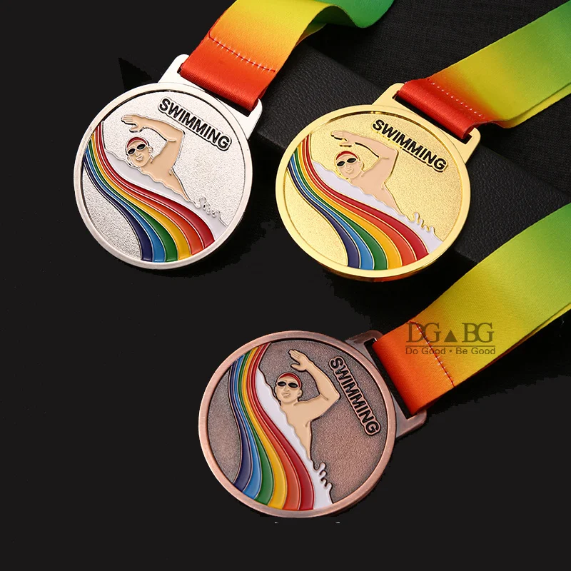 Медали для плавания с шейной лентой Индивидуальный дизайн Вашей собственной медали победителя Золото, серебро, бронза для подарков на призы спортивных соревнований
