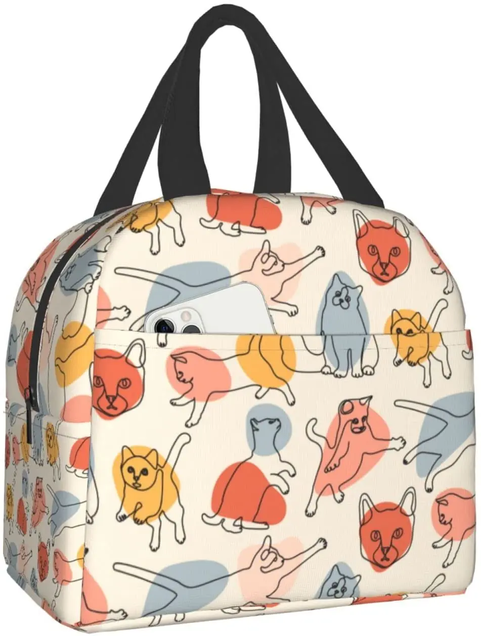 Изолированная Сумка Для Ланча Многоразового Использования Cooler Thermal Cute Cats Tote Bag с Передним Карманом для Женщин Мужчин Путешествий Работы Пеших Прогулок Пикника