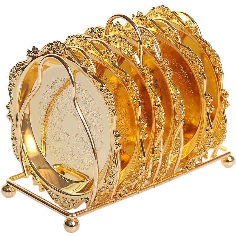 6шт Классическая Золотая подставка для коктейлей Continental Vintage С покрытием из цинкового сплава, Позолоченный коврик, диаметр салфетки 10,5 см WF