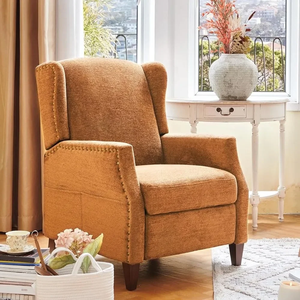 Кресло с откидной спинкой для гостиной, Кресло с тканевой обивкой, Одноместный диван-кресло с боковым карманом, оранжевый