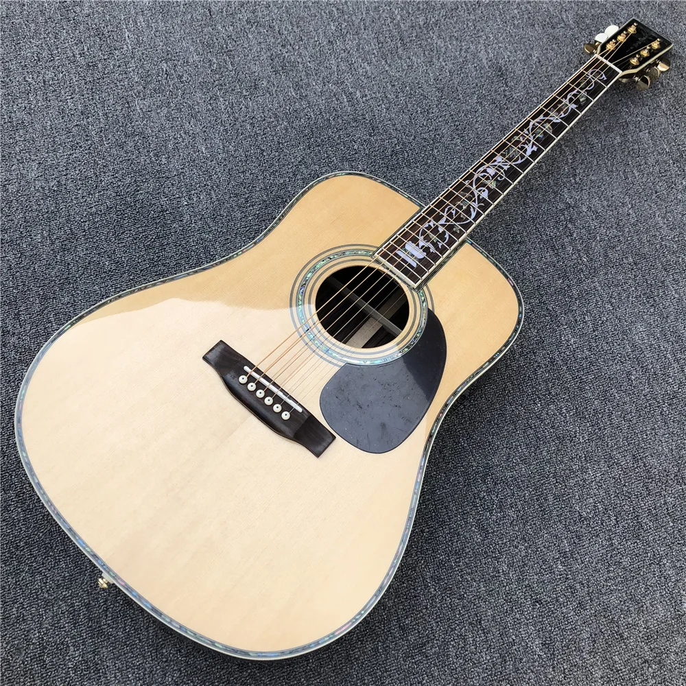Акустическая гитара D Style с 41-дюймовым верхом из цельной ели, вставки в виде цветов морского ушка, задняя и боковые гитары из розового дерева, бесплатная доставка