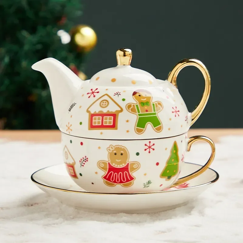 420 мл керамического чая на один набор, Рождественский чайник с Санта-Клаусом, Чайная чашка, Блюдце, Позолоченная Ручка для кружки, Подарочная коробка