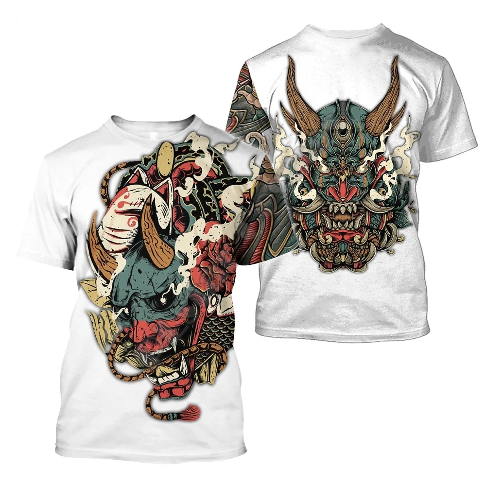 2023 Samurai Tattoo Мужская футболка с 3D Печатью Художественная Маска Тату Мода С Коротким Рукавом Harajuku В Стиле Панк Женская Нейтральная Рубашка
