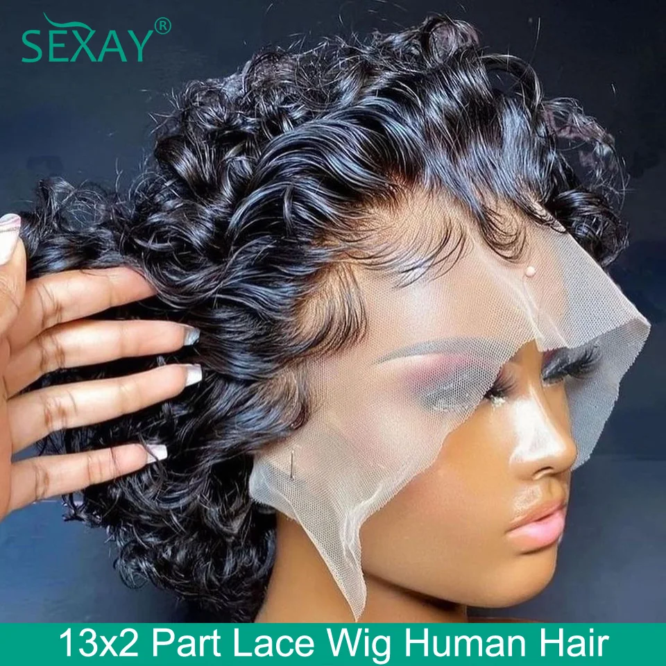 Парик Sexay Pixie Cut Lace Front Парики из необработанных индийских человеческих волос 13x2 Прозрачные кружевные парики Короткие Кудрявые кружевные парики квадратного сечения для женщин