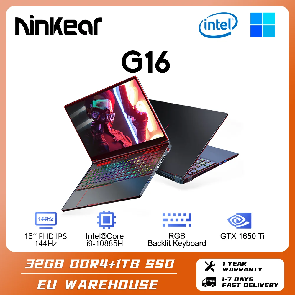 Игровой ноутбук Ninkear G16 16-дюймовый Intel Core I9-10885H Nvidia GTX1650Ti 144 Гц 32 ГБ + 1 ТБ SSD Windows 11 Игровой Ноутбук