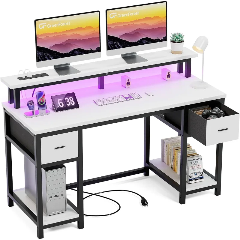 Компьютерный стол GreenForest с 2 Выдвижными ящиками, 50-дюймовый Домашний Офисный стол со светодиодной Подсветкой и Розетками, Игровой стол с Мониторами