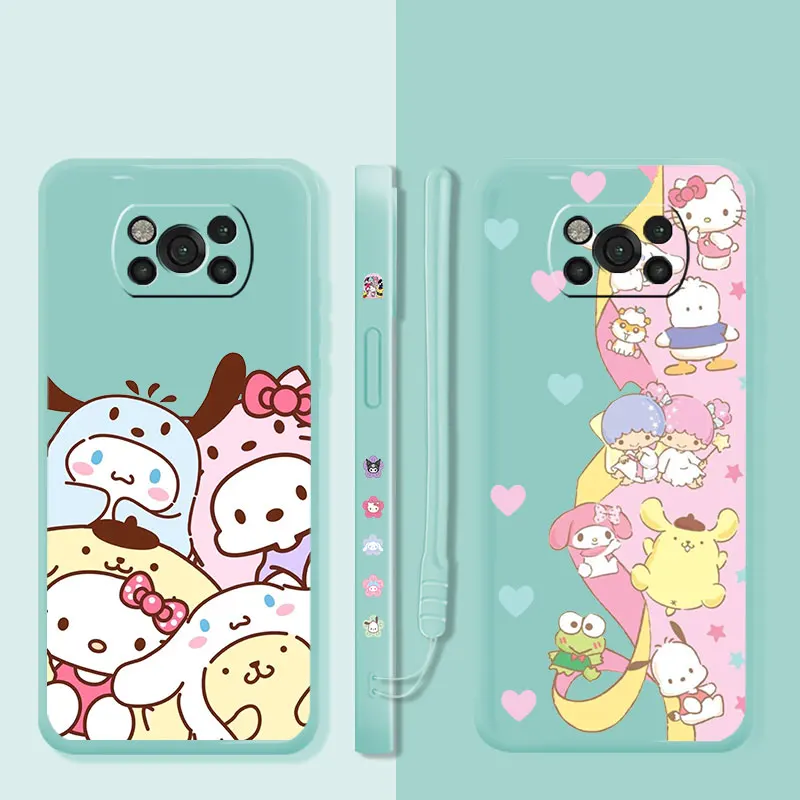 Жидкий Чехол Hello Kitty Cinnamoroll Kuromi Family Для Xiaomi POCO X3 X4 NFC M3 M4 Pro F3 GT для Mi 11 11T 10S 10T 10 9 SE 8 6