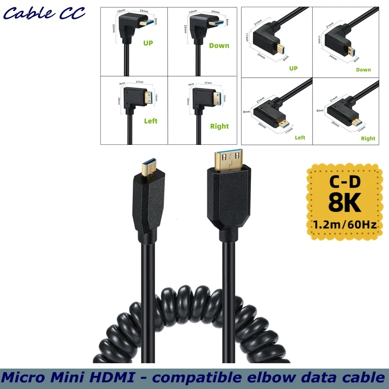Пружинный телескопический кабель диаметром 4,0 мм 2,1 В 8 К при 60 Гц Mini HDMI-совместим с Micro HDMI-совместим с коленным разъемом C-D