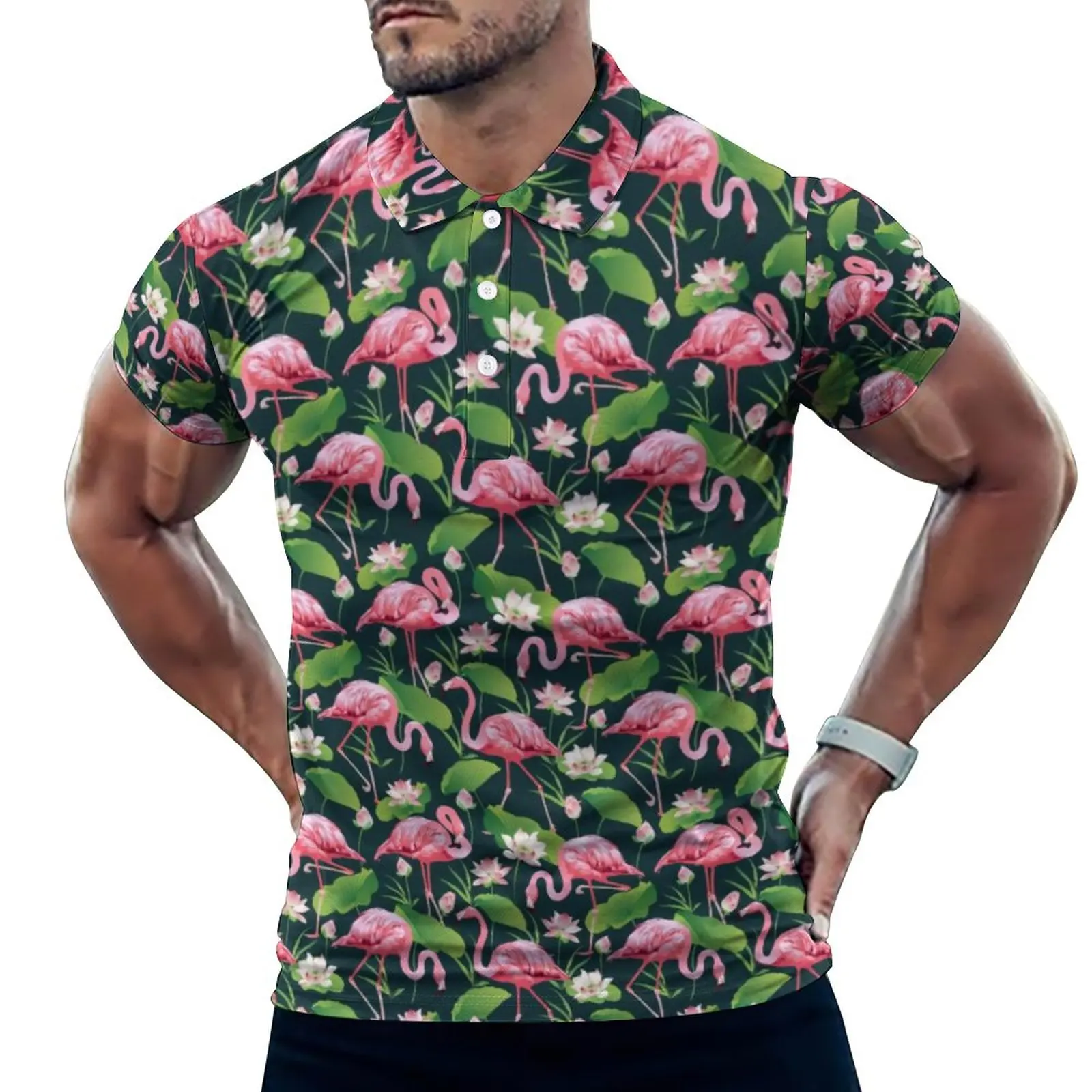 Рубашки поло с тропическими птицами-фламинго, Белые цветы лилии, повседневная рубашка, Летние винтажные футболки с коротким рукавом, Одежда на заказ большого размера