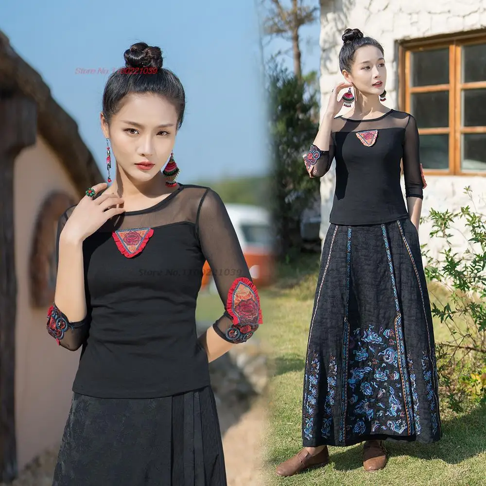 2024 женская футболка с цветочной вышивкой в национальном стиле, винтажные элегантные традиционные топы hanfu, китайский костюм эпохи тан, сетчатая рубашка в стиле ретро