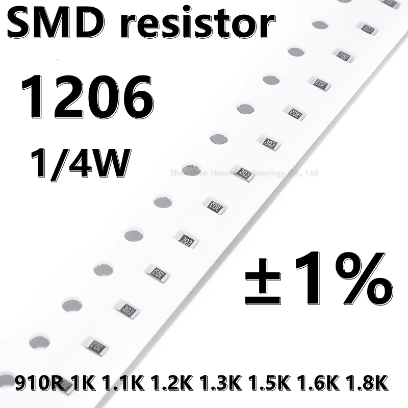 (100шт) 1206 SMD резистор 1% 910R 1K 1.1K 1.2K 1.3K 1.5K 1.6K 1.8K 1/4 Вт более высокого качества