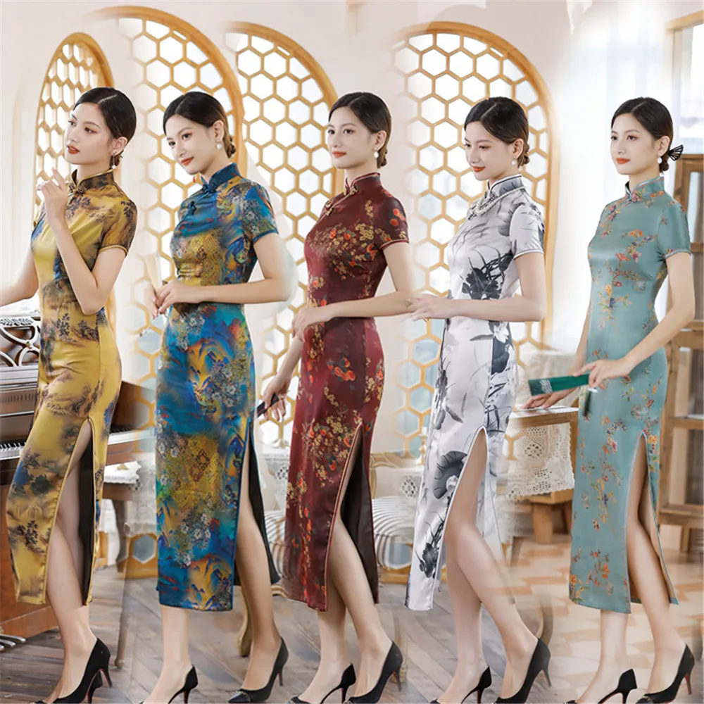 Элегантное женское атласное Длинное платье Qipao Slim с коротким рукавом и традиционным китайским воротником-стойкой Cheongsam Vestidos Female для вечеринок