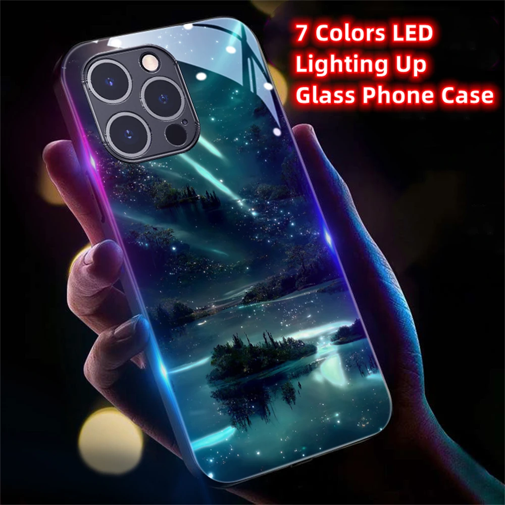 2024 Pretty Galaxy Beach Smart LED Light Glow Чехол Для Телефона Из Закаленного Стекла Для iPhone 15 14 13 12 11 Pro Max X XR XS SE2020 6 7 8