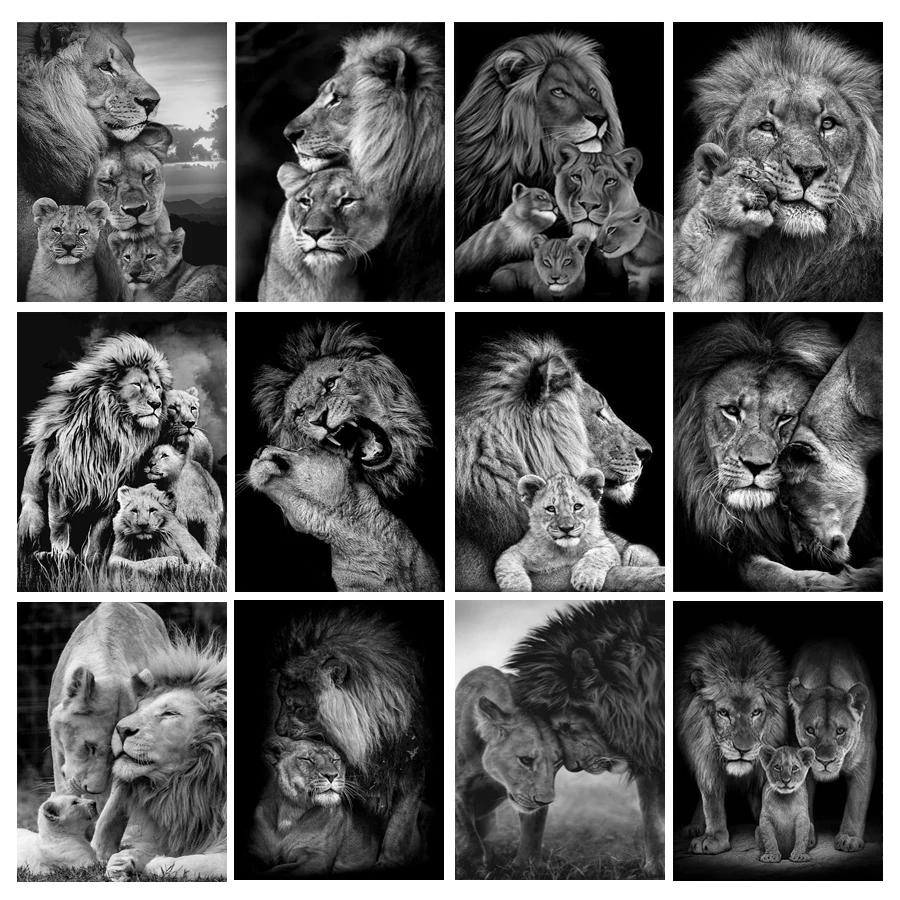 Черно-белые Животные Картина с бриллиантами Африканские Львы Семья Тигров Картина с полной мозаикой 