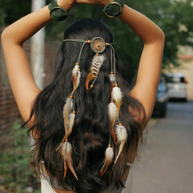 Повязка на голову из индийских белых перьев, головной убор из веревки для волос, аксессуары для волос ручной работы в стиле племени хиппи для женщин