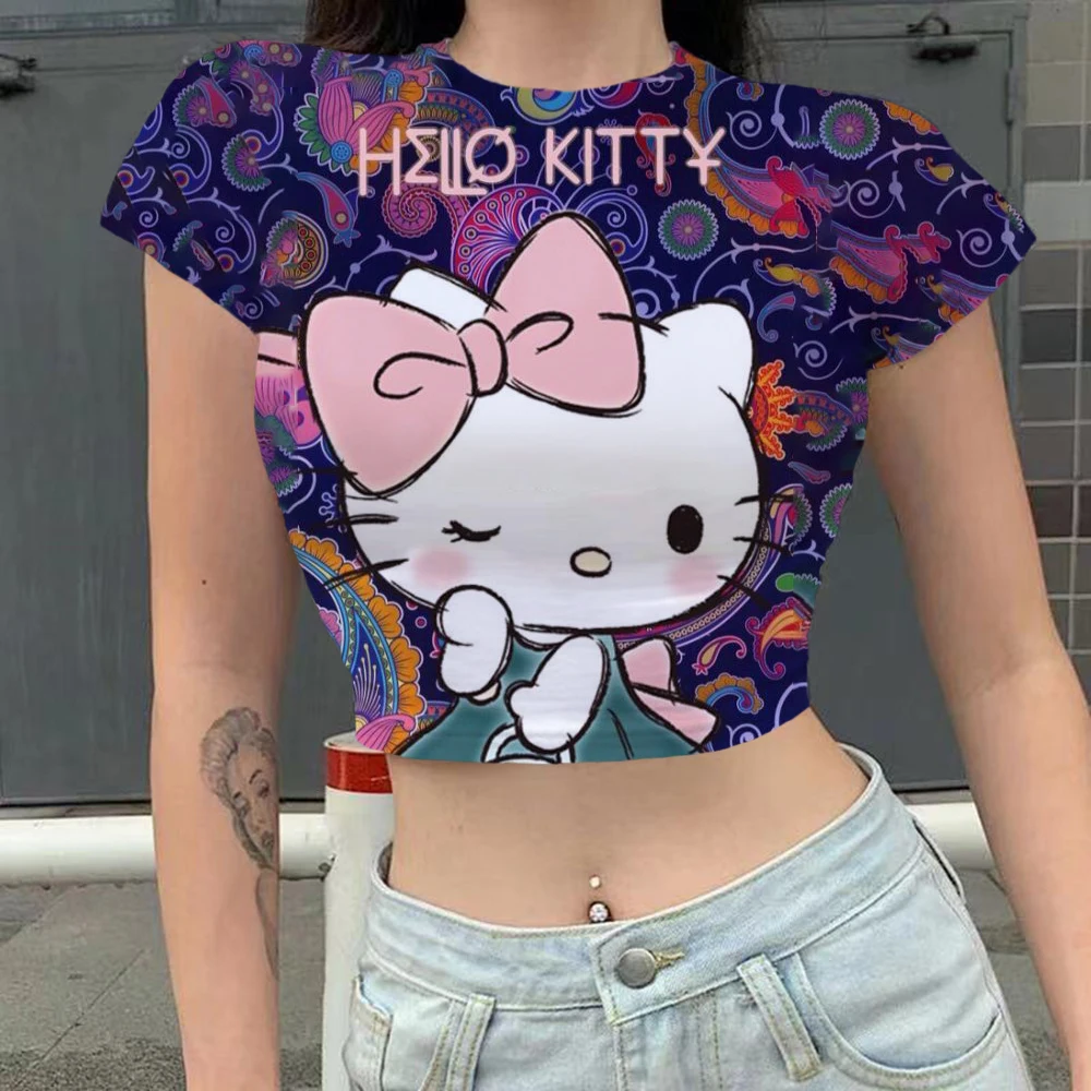 Женские топы 2023, Летняя женская модная одежда, повседневные футболки с круглым вырезом Hello Kitty Y2k, эстетичные футболки с коротким рукавом, графические футболки