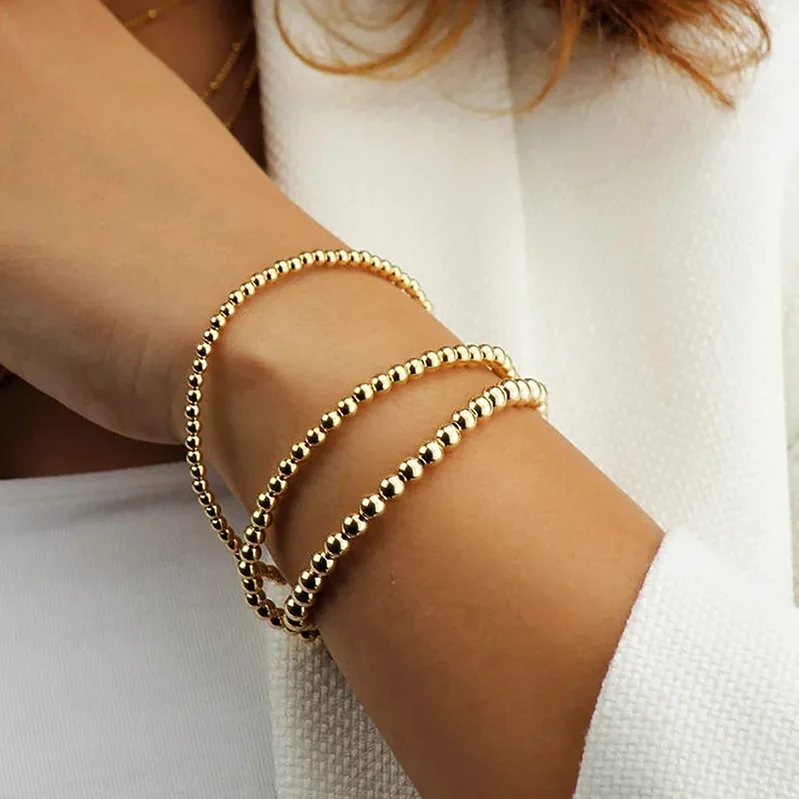 Браслет из золотых бусин для женщин, 14-каратный позолоченный браслет из бисера ручной работы, эластичный браслет, ювелирные подарки