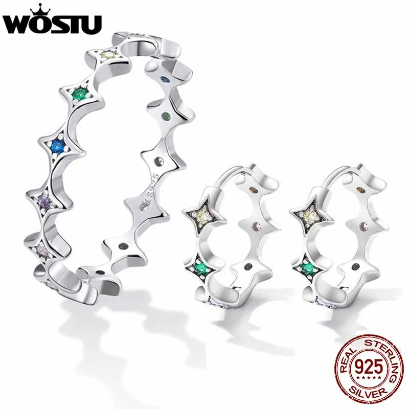 Набор ювелирных изделий WOSTU из массива стерлингового серебра 925 Пробы, серьги-звезды, Кольцо для женщин, сверкающий Прозрачный Радужный CZ, ювелирный подарок ZHS257