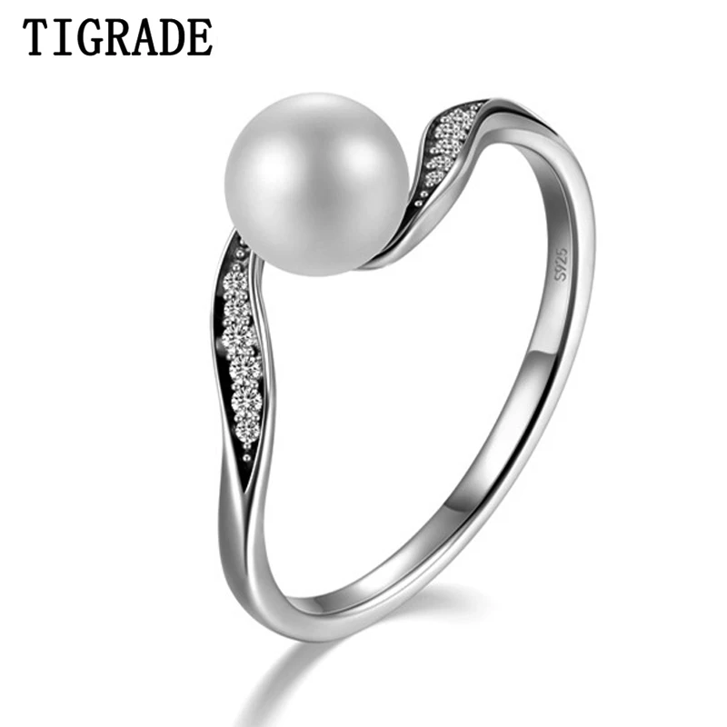 Tigrade S925 Кольца из стерлингового серебра с жемчугом в виде ракушки, Оправленные в изумительную геометрическую оправу из Циркона, кольцо для женщин, изысканные свадебные украшения