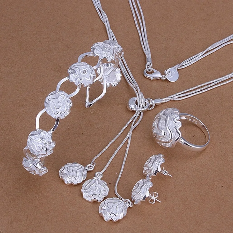 925 Цвет серебро женщины леди свадебные украшения шарм цветок кулон ожерелье браслет Серьги-Гвоздики кольцо модный Набор
