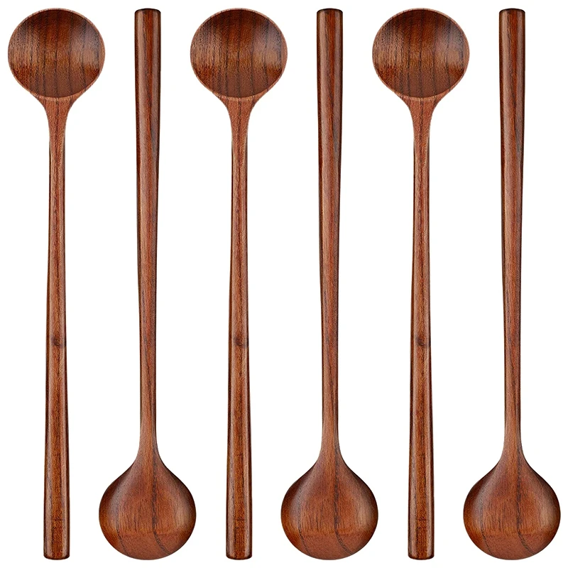 6 Штук деревянных длинных ложек, круглых ложек с длинной ручкой, суповых ложек в корейском стиле для приготовления супа, перемешивания на кухне