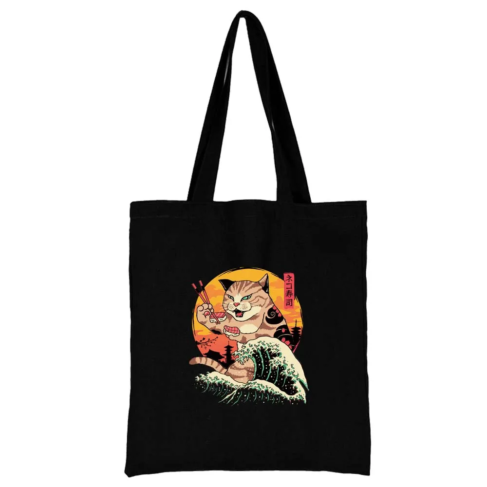 Женская Черная хозяйственная сумка с рисунком Японской кошки, повседневная многоразовая холщовая сумка с принтом большой емкости, сумка через плечо, студенческая сумка