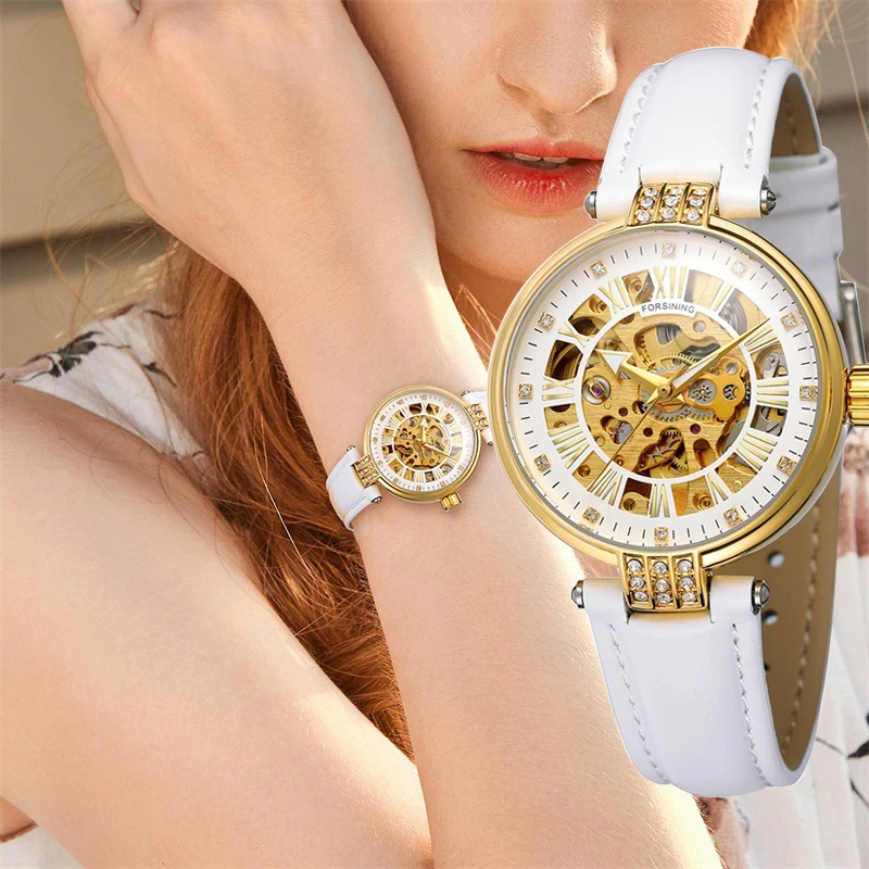 Кожаный ремешок с бриллиантовым корпусом, модные женские механические часы Business Ladie, автоматические наручные часы с прозрачным скелетом