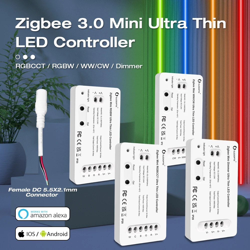 Gledopto Zigbee 3.0 Ультратонкий Мини-Контроллер RGBCCT WWCW LED Light Strip Для спальни, Освещения Кухни, Alexa Voice APP Controller