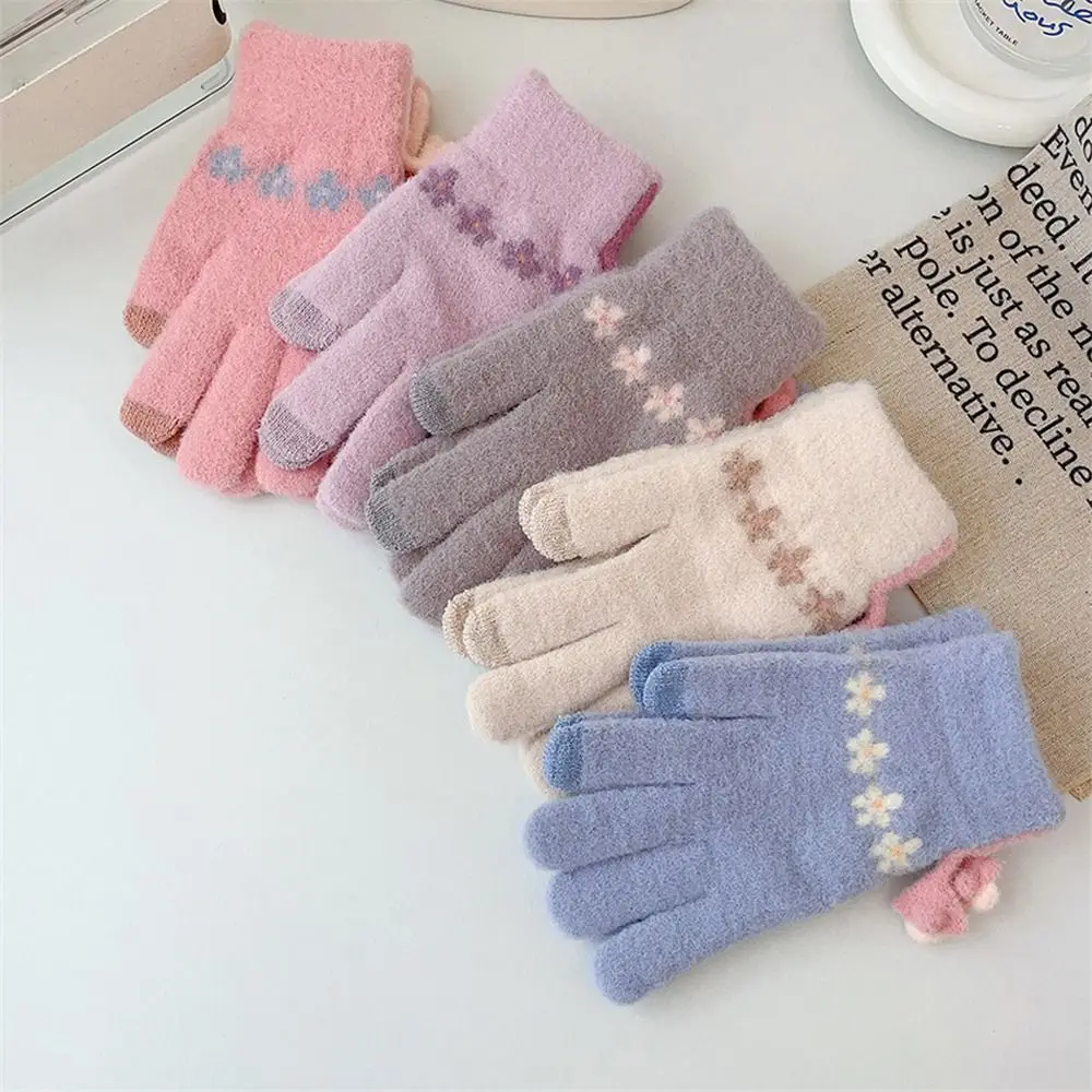 Толстые вязаные перчатки модные холодостойкие короткие варежки с сенсорным экраном, ветрозащитные перчатки на все пальцы для женщин и девочек