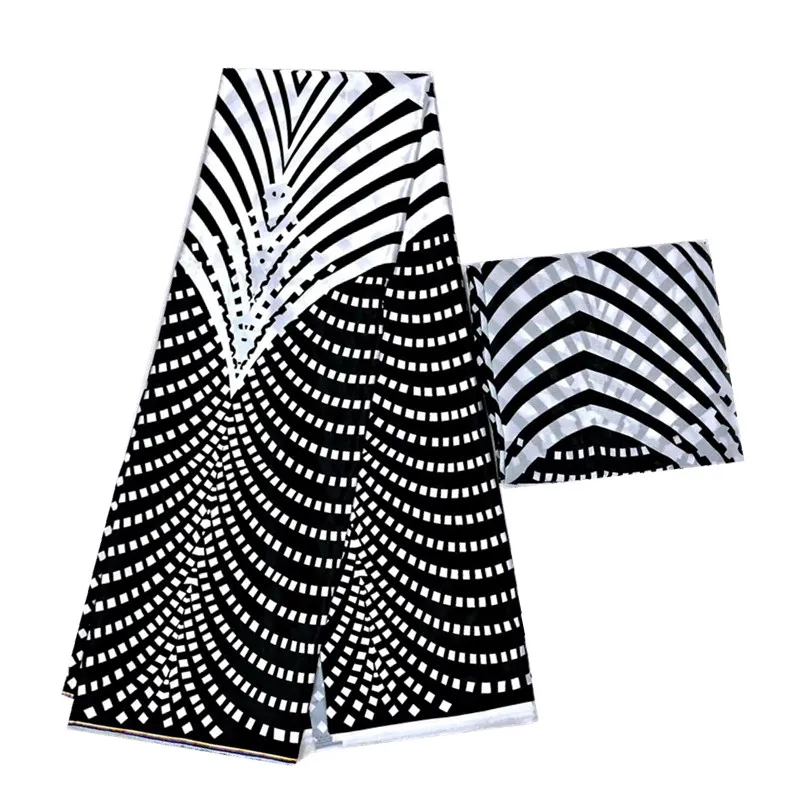 Африканская атласная ткань с шифоновым кружевом для женщин, шелковый материал, белый и черный, 4 + 2 ярда
