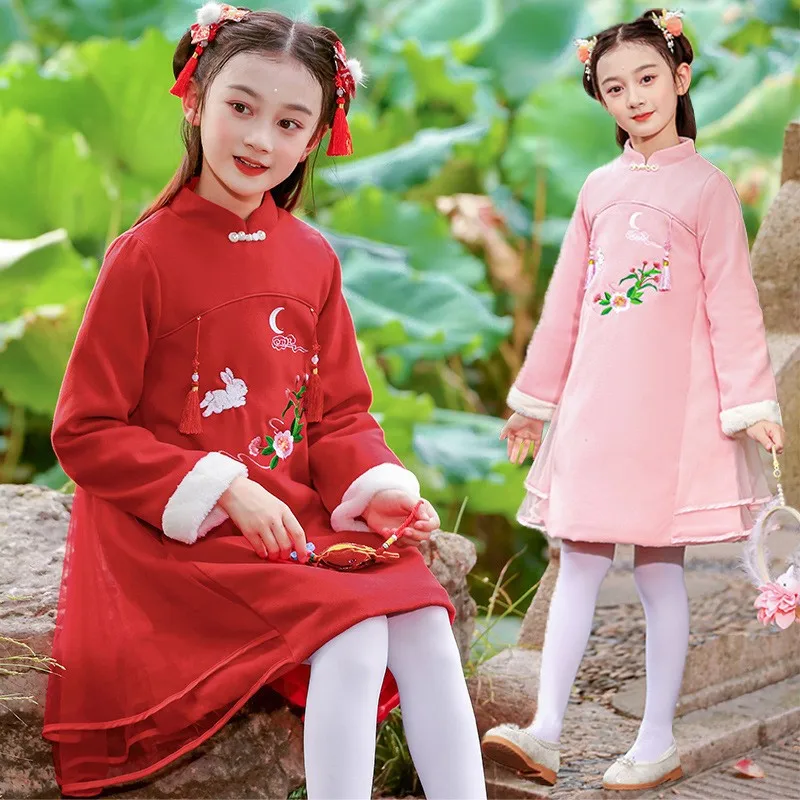 Платье Cheongsam Hanfu для девочек с древней китайской традиционной вышивкой Qipao, детский сказочный косплей, зимний теплый стеганый новогодний костюм